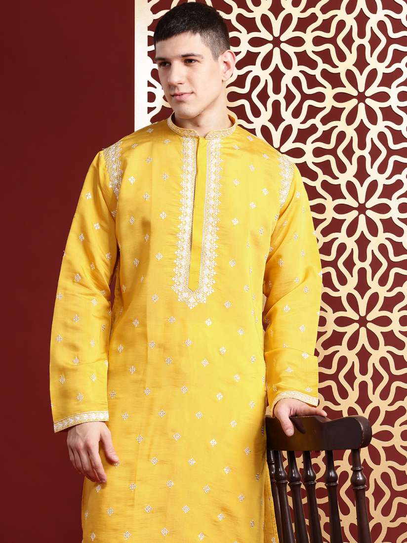 Buy MANQ Ethnic Motifs Embroidered Sequinned Pure Cotton Kurta with Churidar Kurta Sets for Men 30775391 Myntra