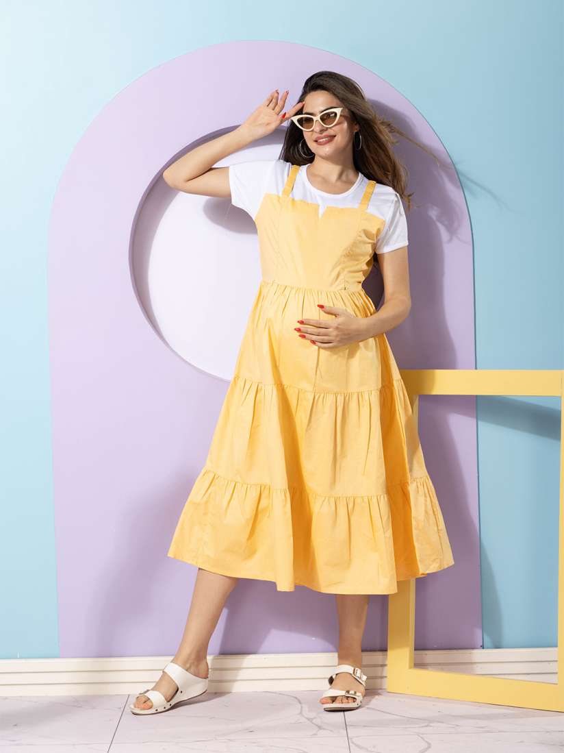 Buy EASY MOM Cotton Maternity Tiered Pinafore Midi Dress Dresses for Women 30812064 Myntra