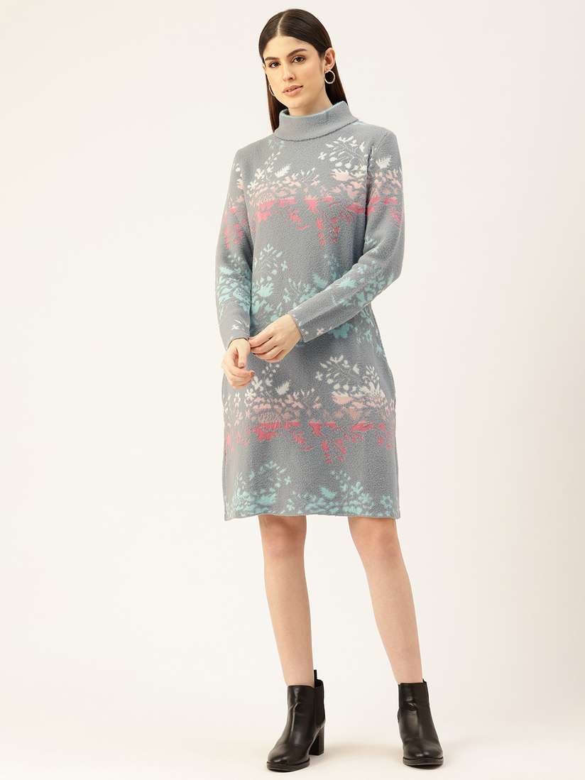 APSLEY Floral High Neck A-Line Sweater Dress
