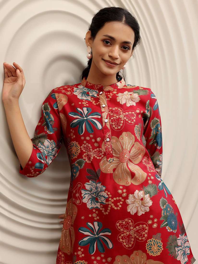 Buy Libas Women Red Floral Printed Mandarin Collar Three Quarter Sleeves Kurti Kurtis for Women 30869714 Myntra