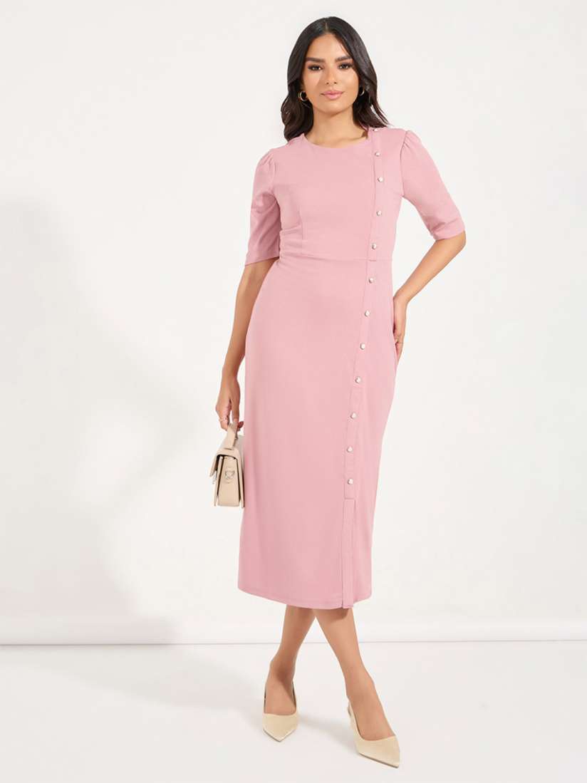 Buy Styli Women Solid Button Detail Sheath Midi Dress with Front Slit Dresses for Women 30870258 Myntra
