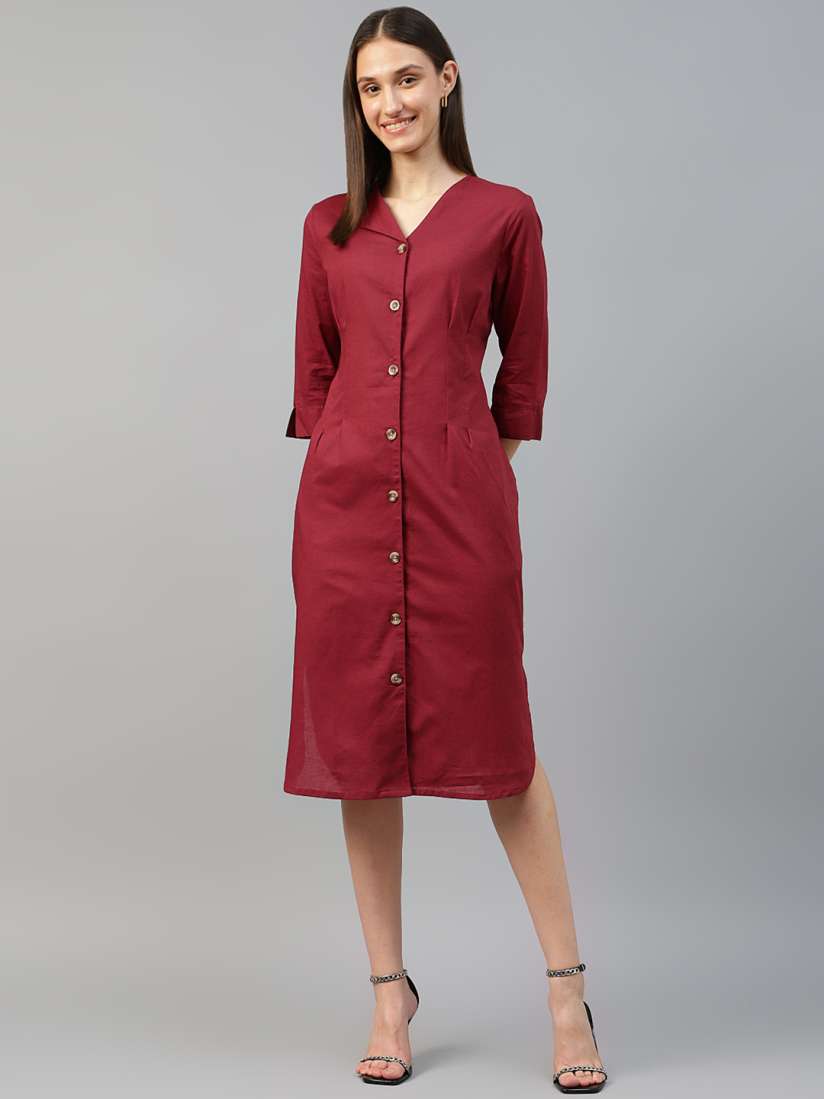 Buy Hancock Women Solid Linen Three Quarter Sleeves Formal Knee Length Shirt Dress Dresses for Women 30888953 Myntra