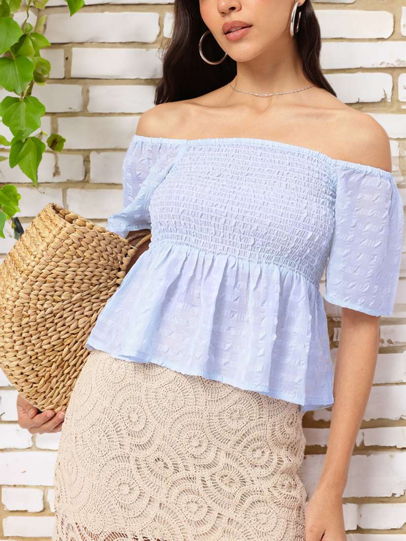 Buy DressBerry Stylish Darling Smocked Off Shoulder Textured Peplum Top Tops for Women 30933717 Myntra
