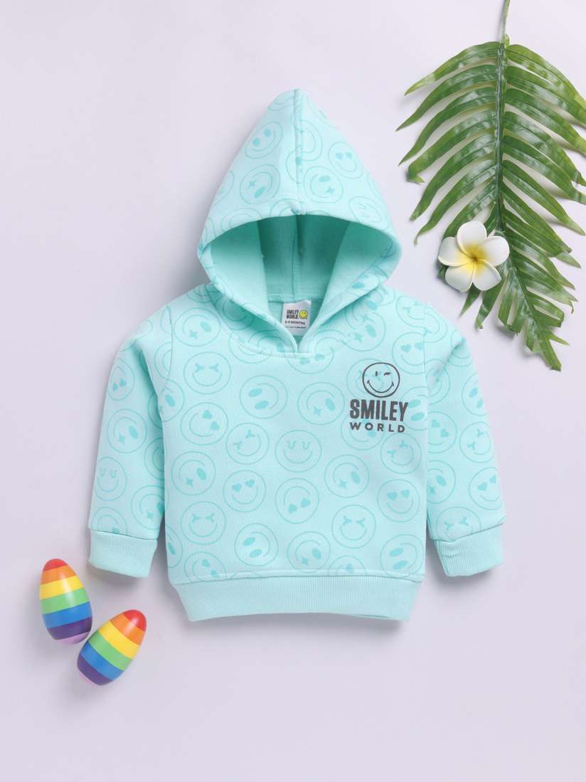 YK X Tinyo Infant Boys Smiley Printed Fleece Hooded Sweatshirt