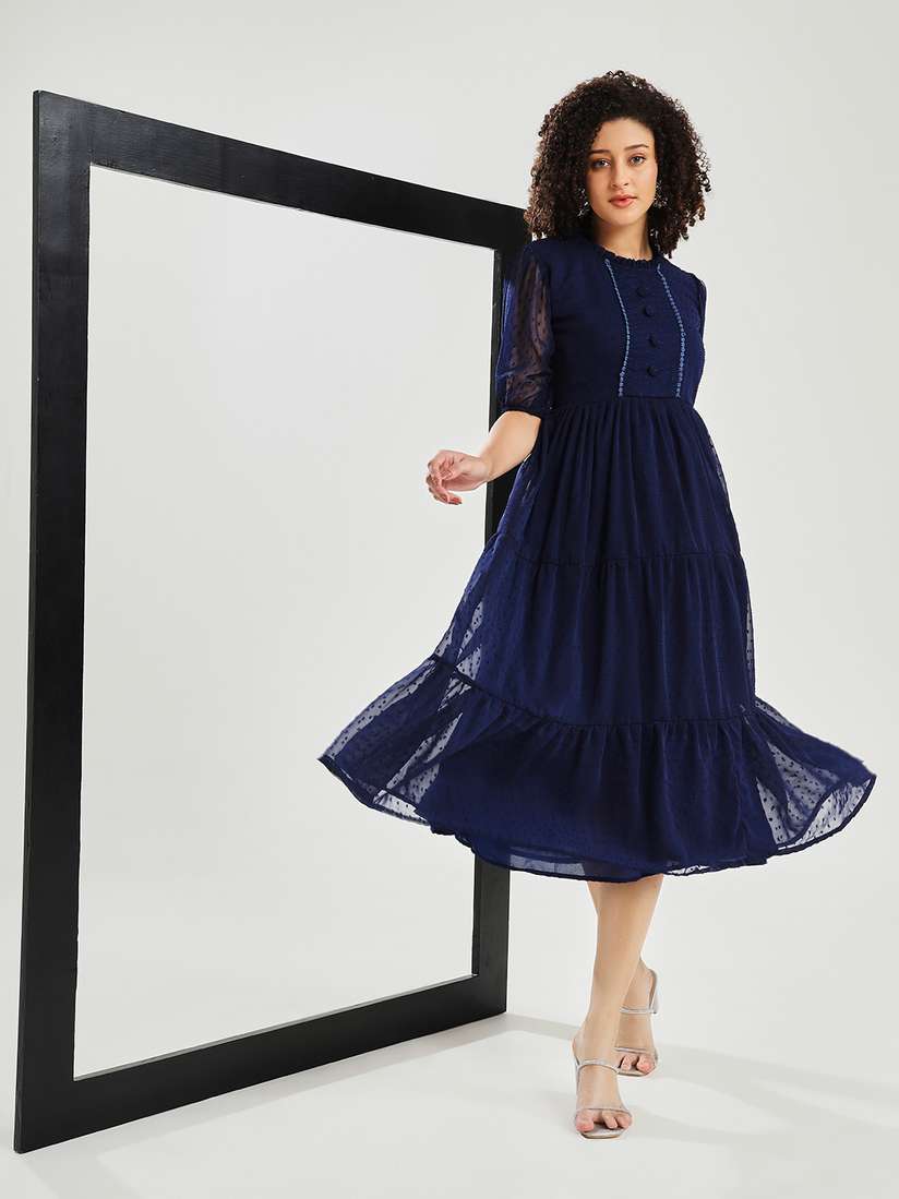Buy CARTYSHOP Striped Puff Sleeve Georgette Fit & Flare Midi Dress 