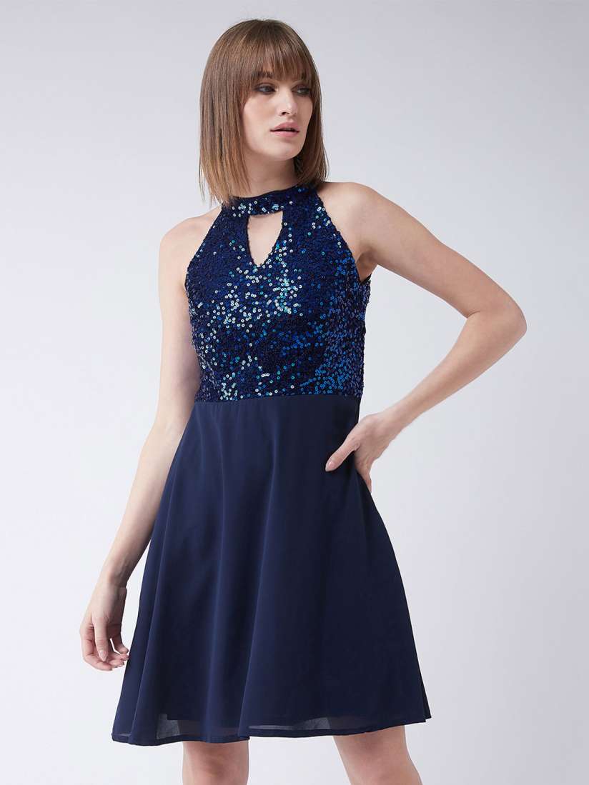 Buy BAESD Round Neck Sleeveless Sequin Flowy Knee Long Skater Dress Dresses for Women 31008528 Myntra