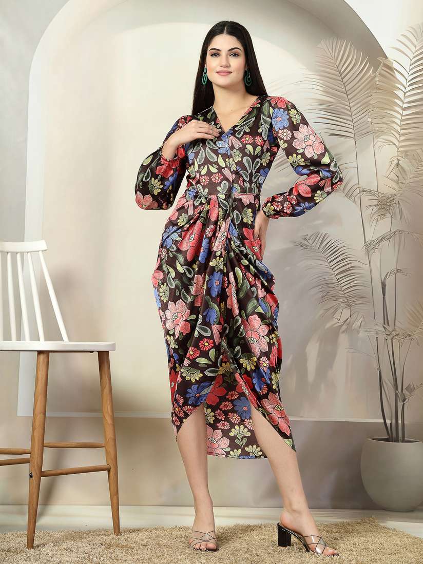 Myntra V Neck Floral Wrap Dress DRIRO Floral Printed V-Neck Midi