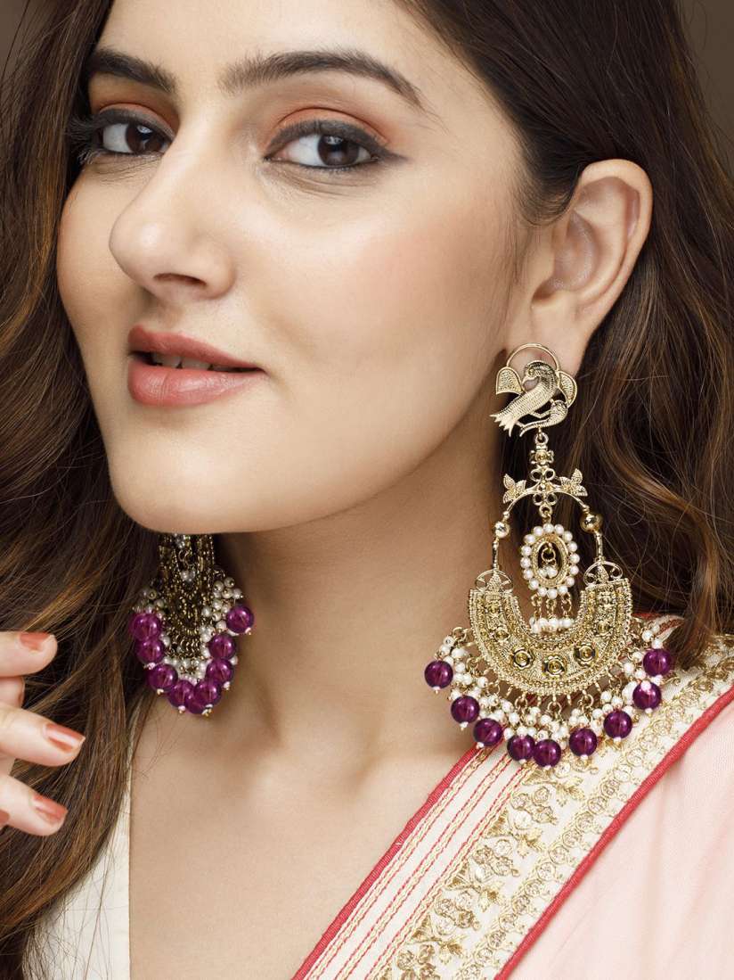 Buy Rubans 18K Gold Plated Big Chandbali Earrings with Deep Magenta Beads and Pearl Accents Earrings for Women 31036762 Myntra
