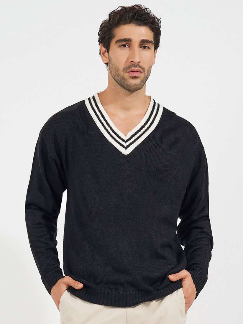 Buy Styli Men V Neck Varsity Relaxed Lightweight Sweater Sweaters for Men 31070095 Myntra