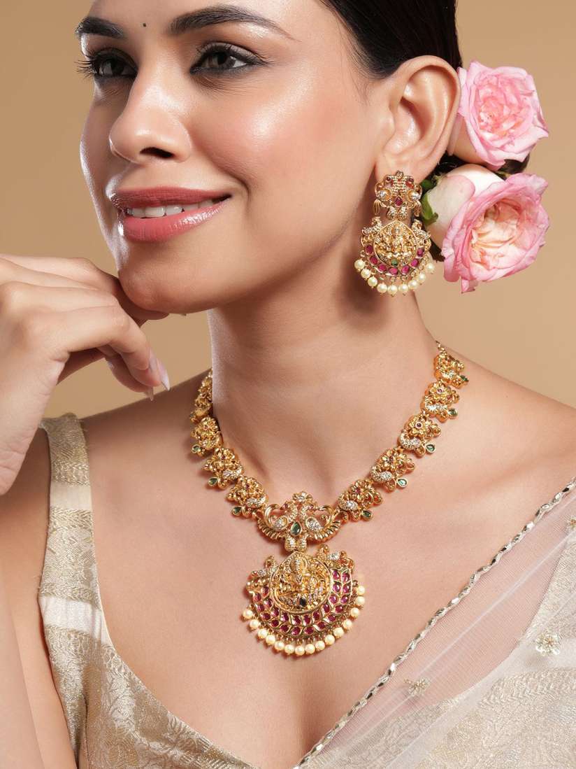 Buy Rubans 22K Gold Plated Ruby Emerald Zirconia Studed Divine Lakshmi Temple Jewellery Set Jewellery Set for Women 31133308 Myntra