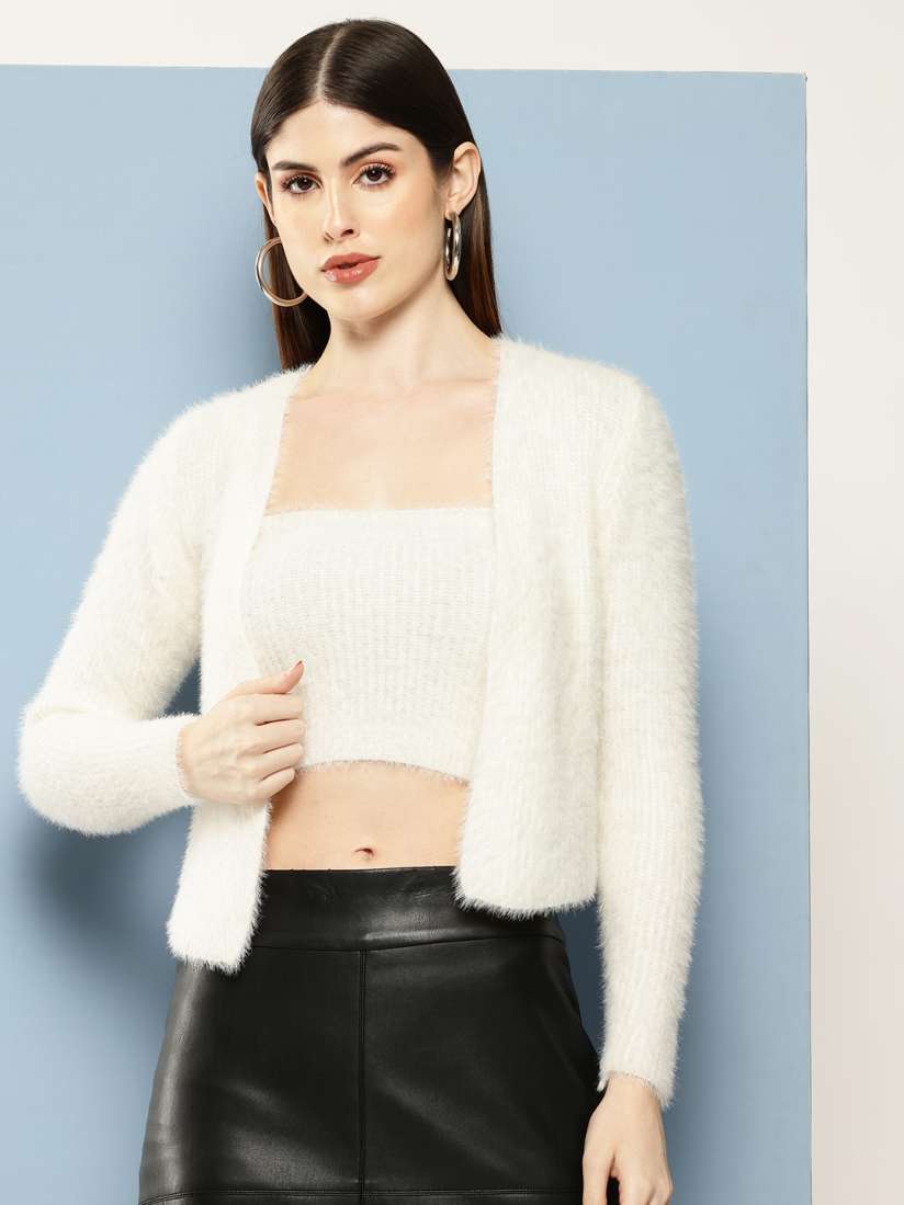 Buy Chemistry Women Woollen Fuzzy Finish Open Front Sweater with Matching Inner Vest Sweaters for Women 31198070 Myntra