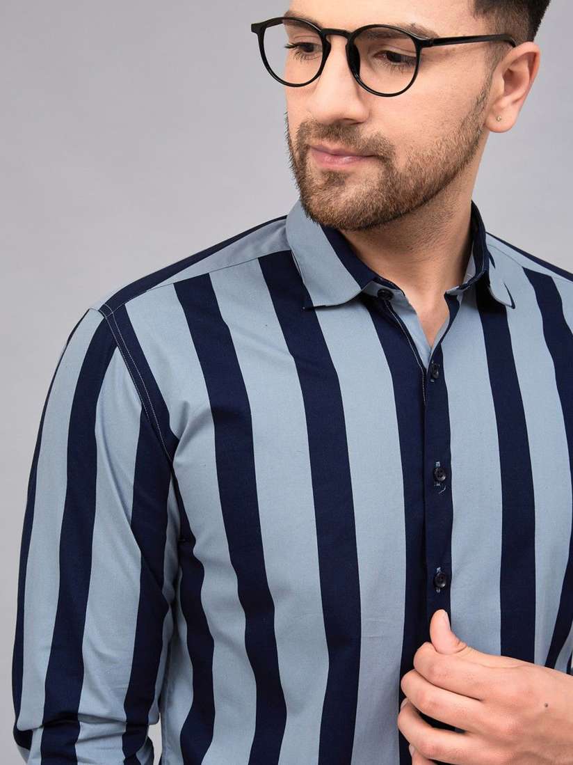 Buy Le Mec Men Spread Collar Vertical Striped Cotton Casual Shirt