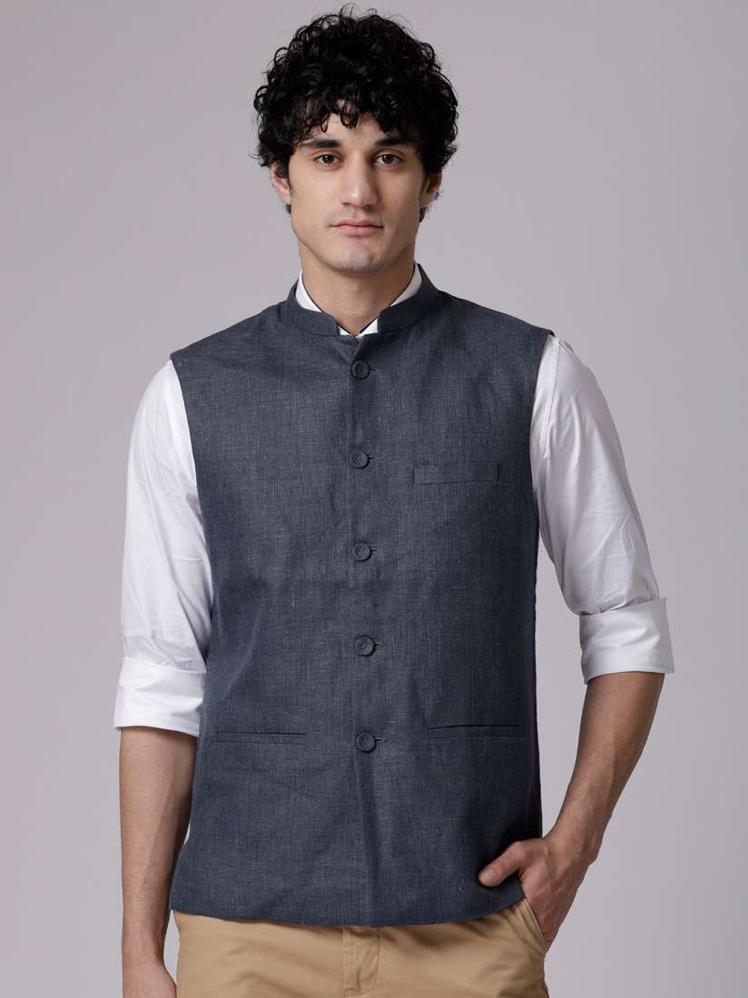 Buy True Blue Men Blue Linen Nehru Jacket Nehru Jackets for Men 3877420 Myntra