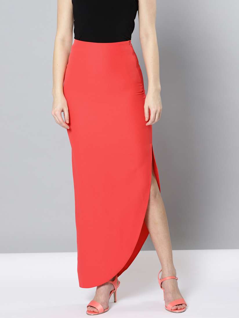 Buy TWELVE AM PM Coral Red Maxi Pencil Skirt Skirts for Women 3890408 Myntra