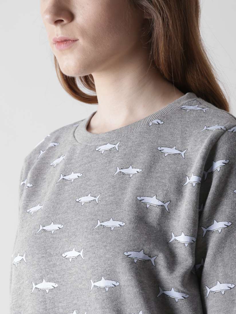 Buy FOREVER 21 Women Grey Melange Blue Shark Print Sweatshirt Sweatshirts for Women 4286889 Myntra