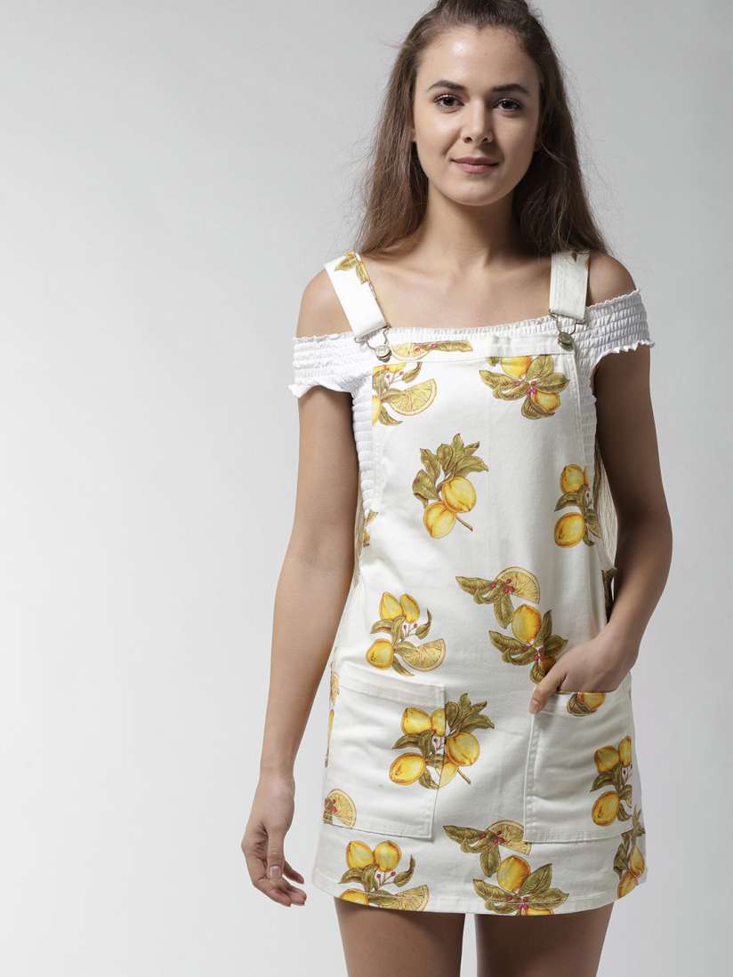 Buy FOREVER 21 Women White Yellow Lemon Print Denim Pinafore Dress Dresses for Women 4287513 Myntra