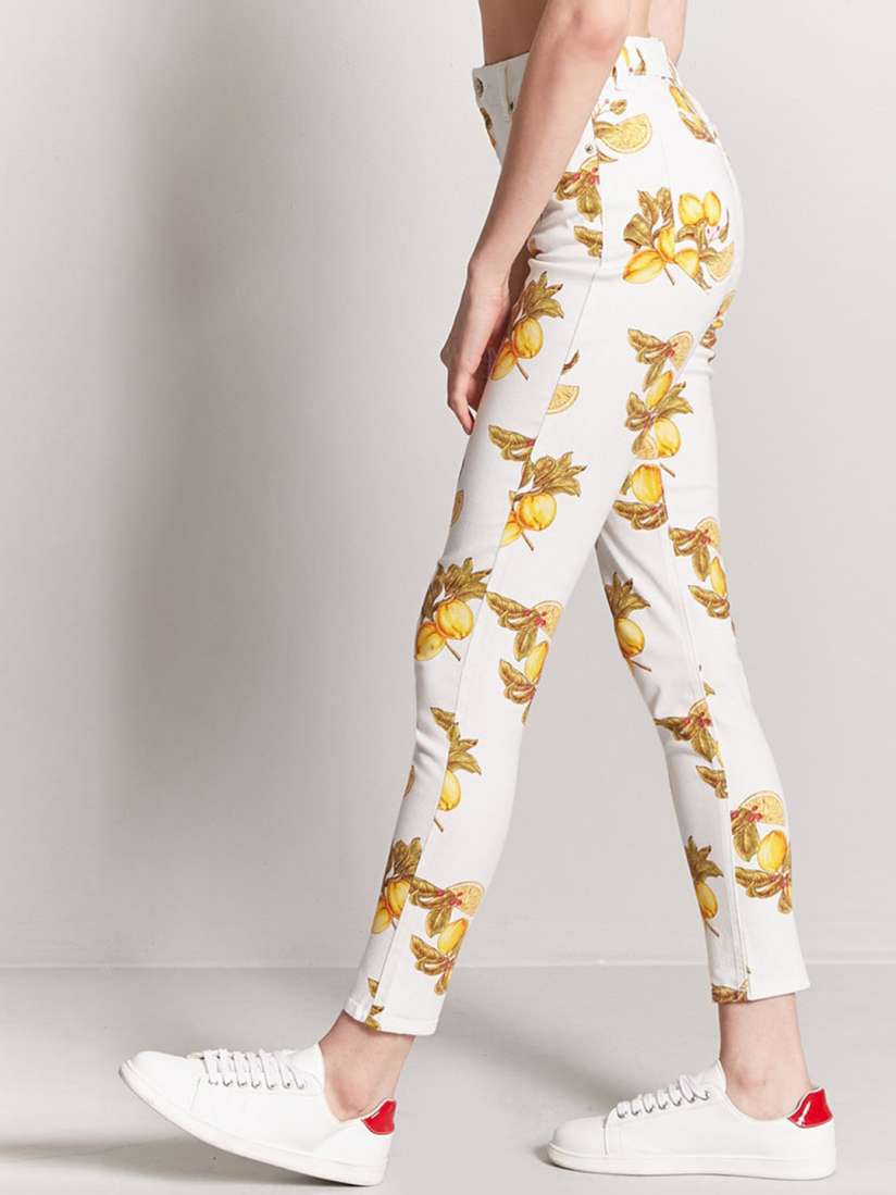 Buy FOREVER 21 Women White Yellow Skinny Fit Printed Regular Trousers Trousers for Women 4287809 Myntra