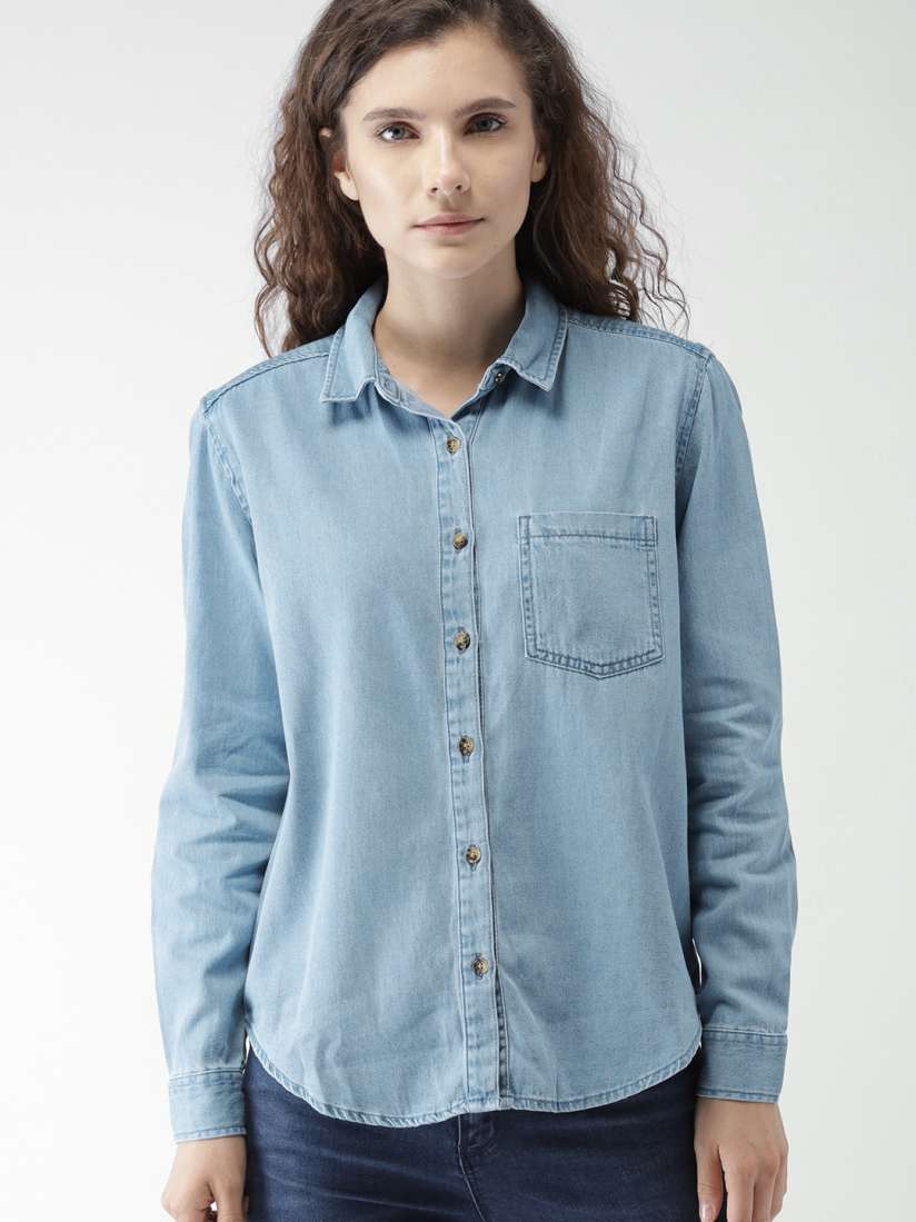 Buy FOREVER 21 Women Blue Faded Denim Shirt Shirts for Women 4329561 Myntra