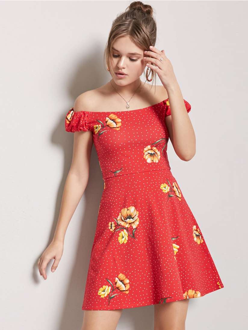 Buy FOREVER 21 Women Red Printed Off Shoulder Fit Flare Dress Dresses for Women 4329675 Myntra