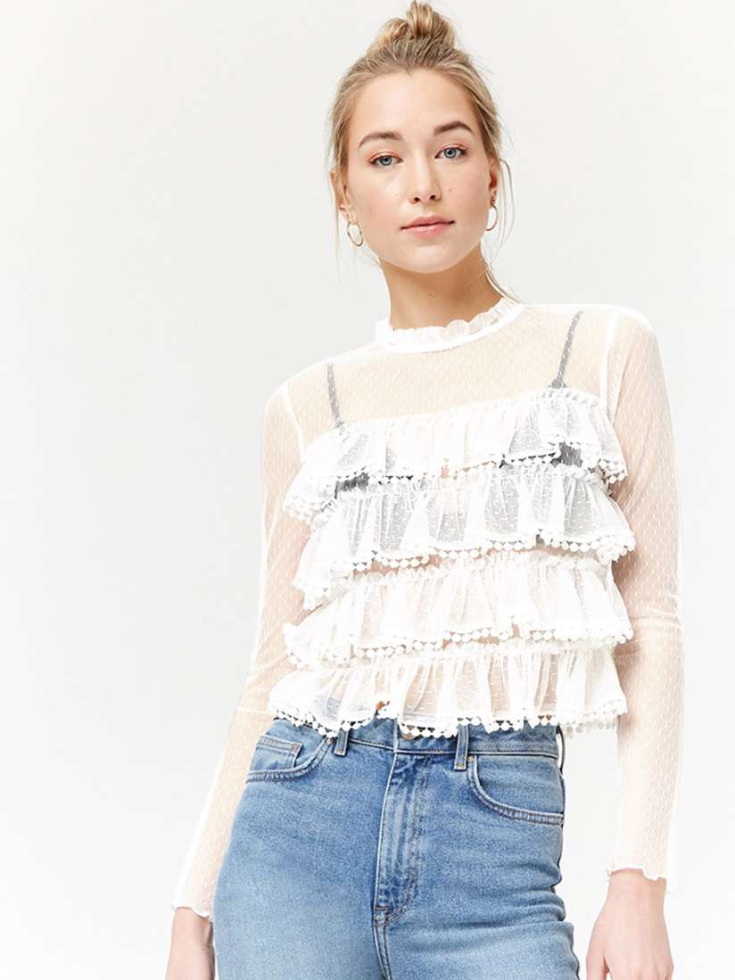 White ruffle shirt forever 21 discount