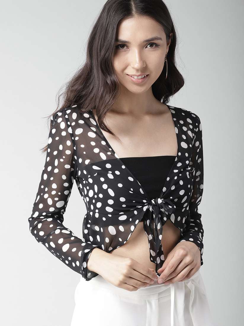 black and white polka dot wrap top