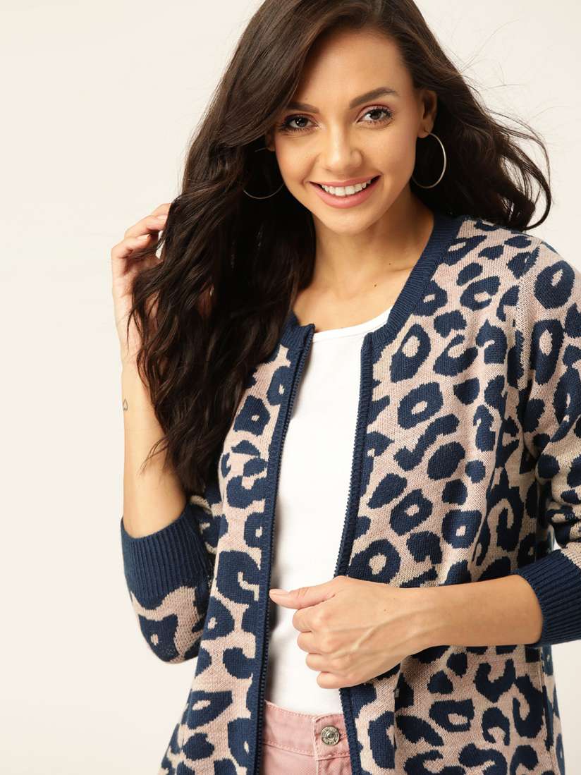 Buy DressBerry Women Navy Blue Nude Coloured Animal Print Cardigan Sweaters for Women 4423992 Myntra