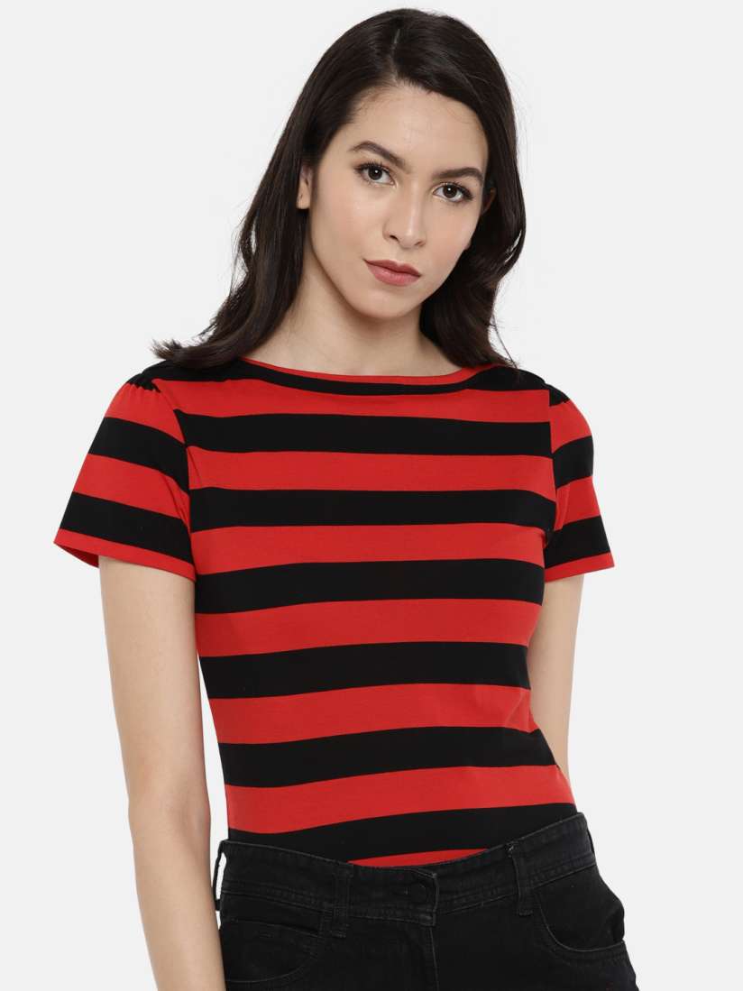Red and black striped t shirt on sale