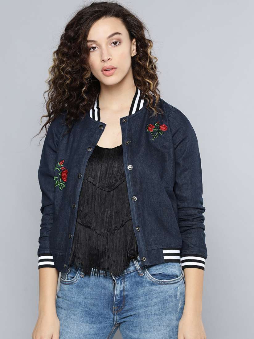 Buy Kook N Keech Women Navy Blue Solid Denim Varsity Jacket Jackets for Women 4438805 Myntra