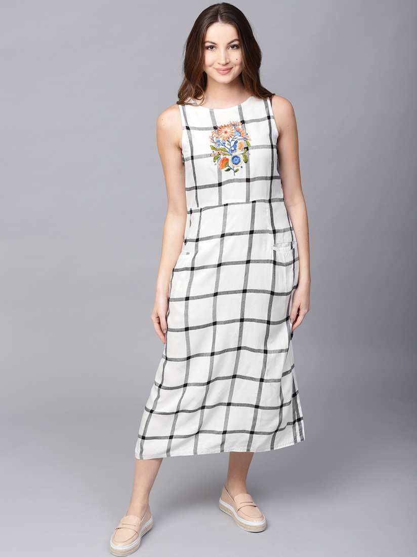 Buy Jaipur Kurti Women Off White Black Checked Empire Dress Ethnic Dresses for Women 4440644 Myntra