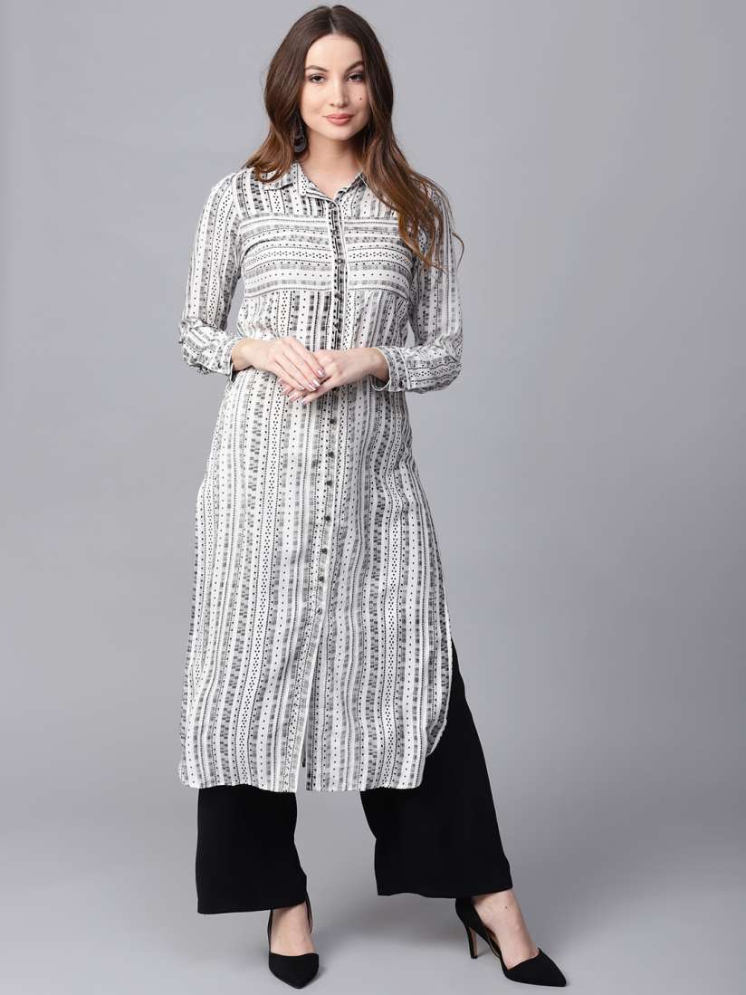 Buy Jaipur Kurti Women White Black Striped Straight Kurta Kurtas for Women 4440691 Myntra