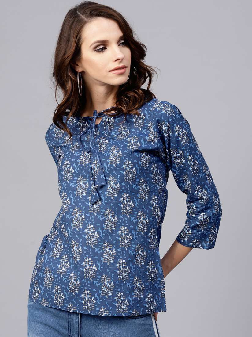 Buy Jaipur Kurti Women Blue Printed A Line Pure Cotton Top Tops for Women 4445189 Myntra