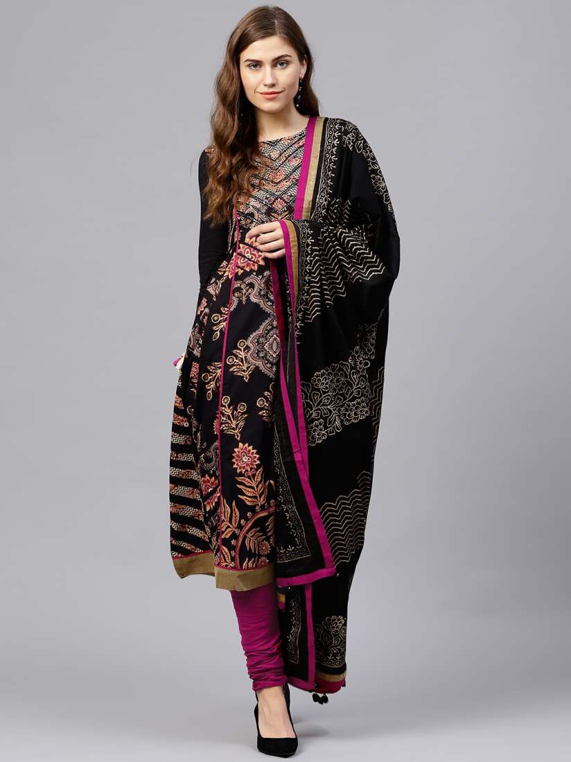 Buy Rain Rainbow Women Black Purple Printed Kurta with Churidar Dupatta Kurta Sets for Women 4447318 Myntra