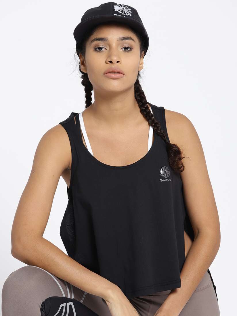 Buy Reebok Classic Women Black Solid High-Low Tank Pure Cotton Top
