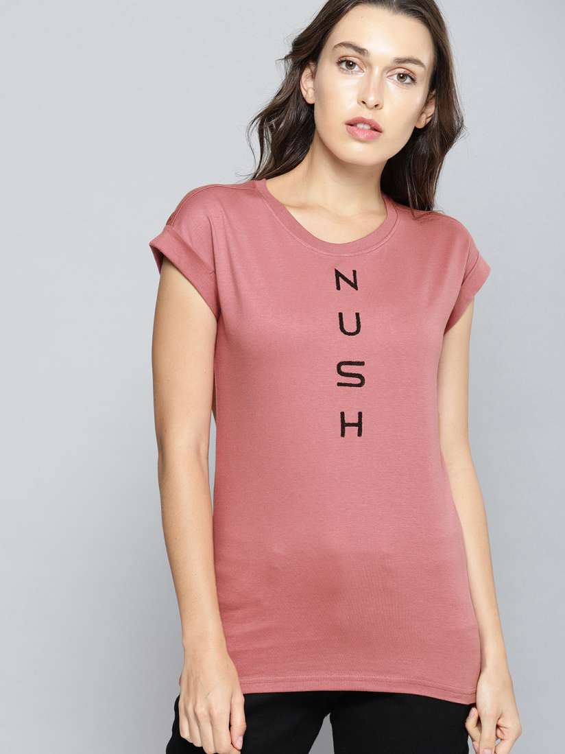 Buy NUSH Women Pink Solid Round Neck Pure Cotton T shirt Tshirts for Women 4455291 Myntra