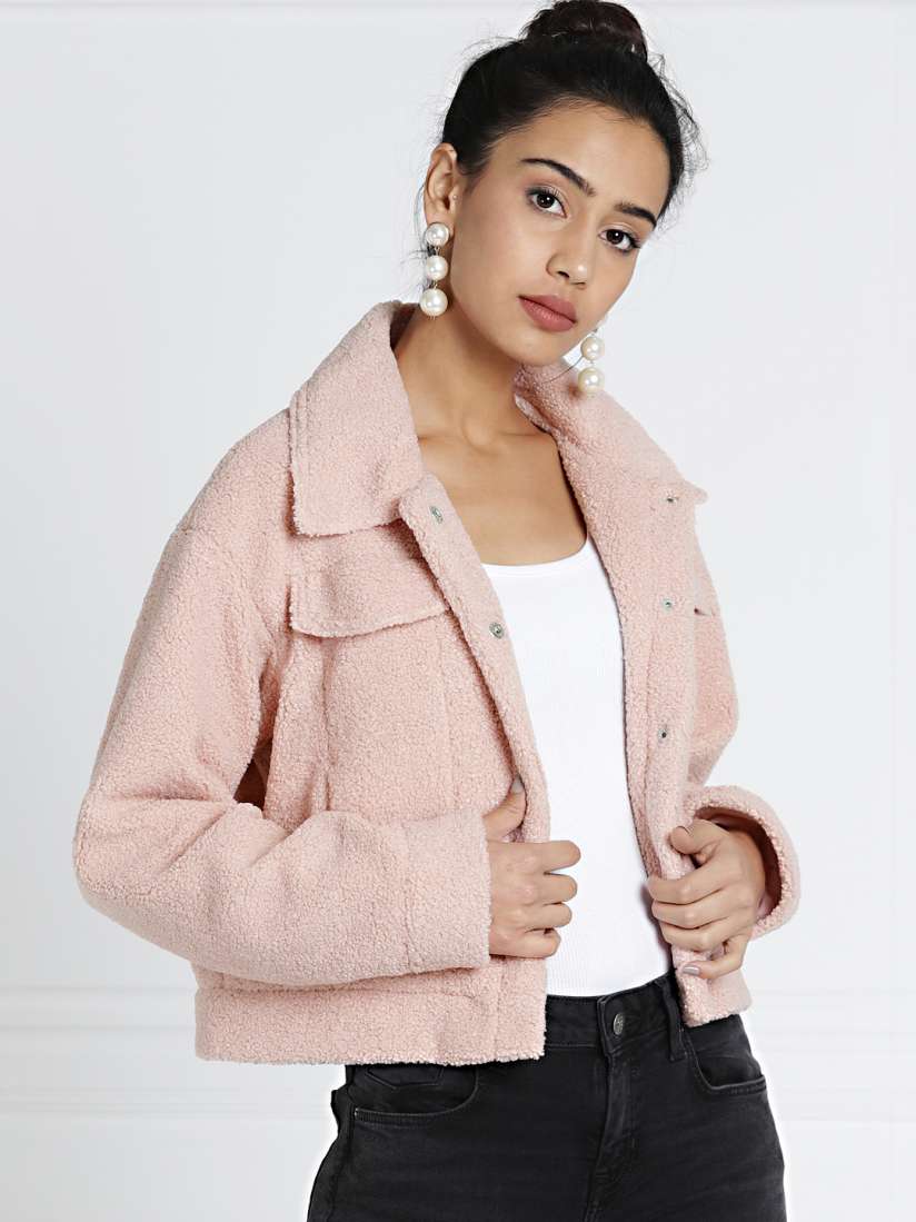 Buy all about you Pink Solid Teddy Jacket Jackets for Women 4631735 Myntra