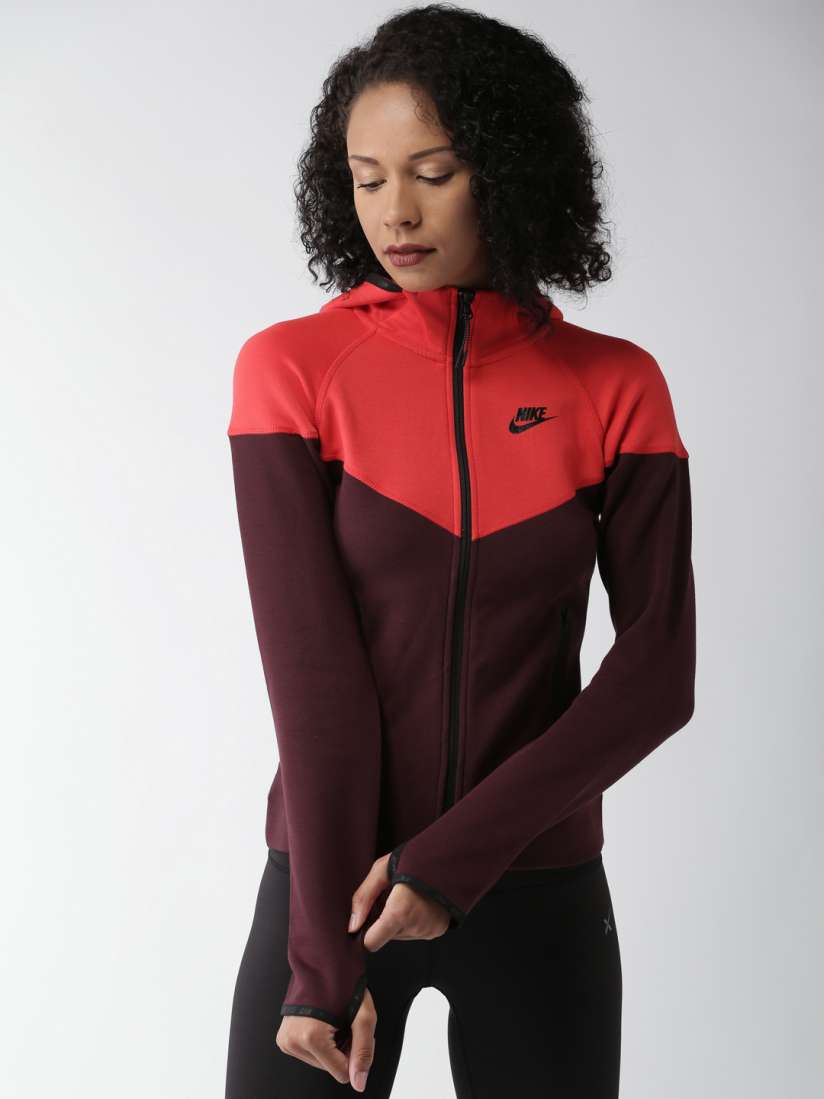Buy Nike Women Burgundy Coral Red Colourblocked Open Front TECH FLEECE FZ Jacket Jackets for Women 491148 Myntra