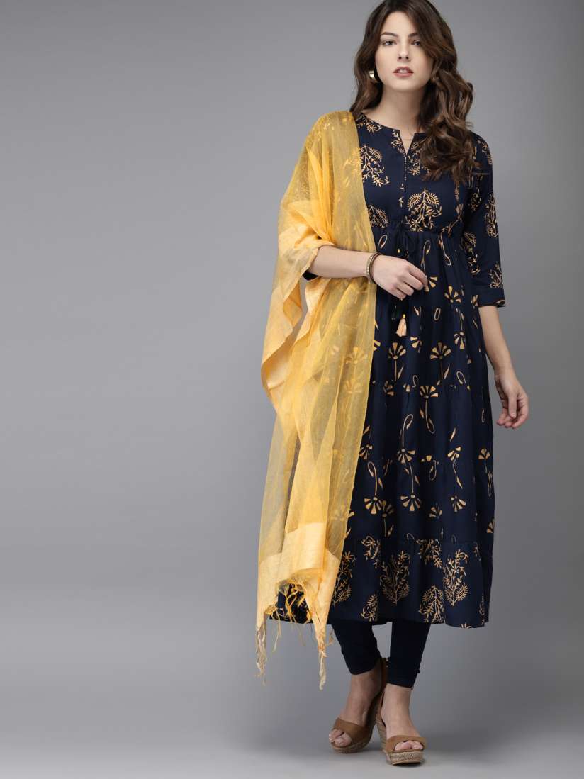Buy HERE NOW Women Navy Blue Gold Toned Printed Kurta with Churidar Dupatta Kurta Sets for Women 4914123 Myntra