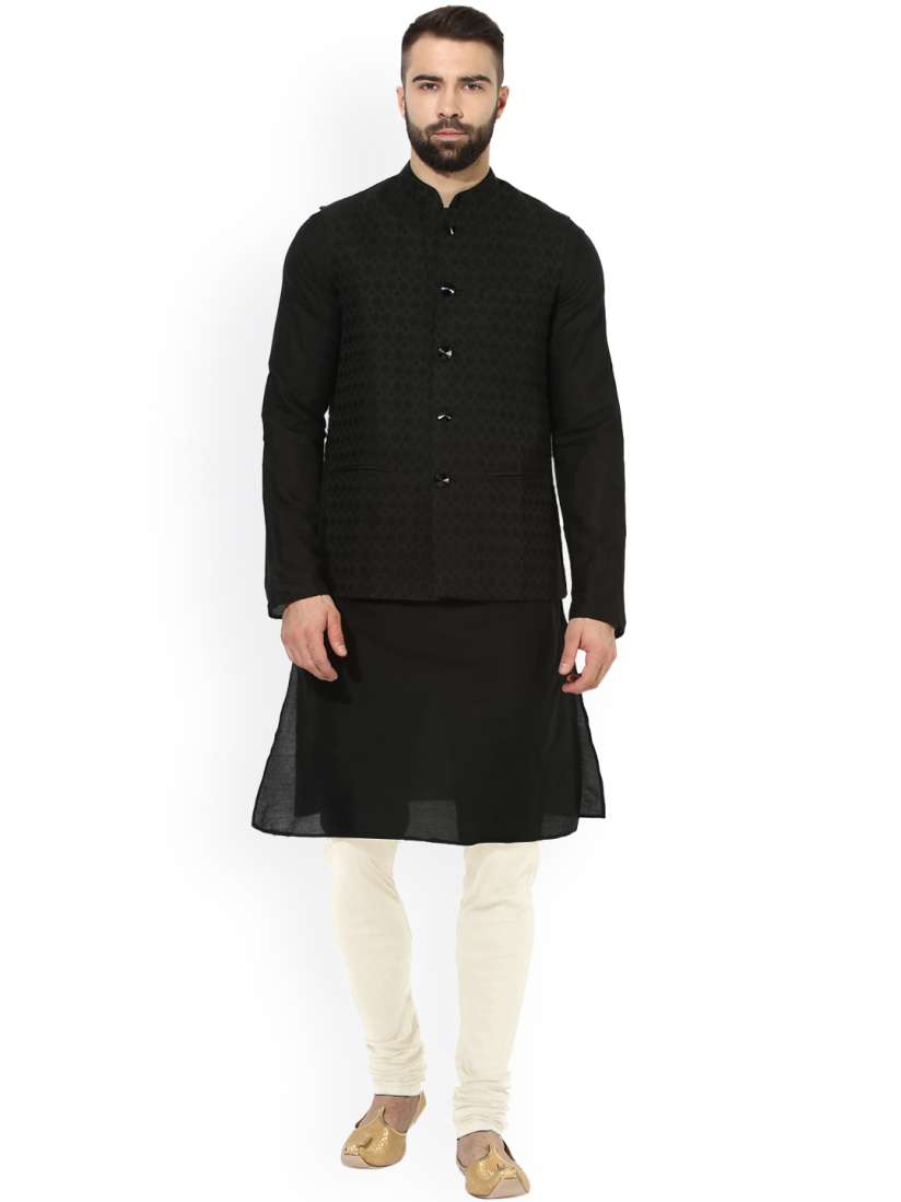 Buy KISAH Men Black Off White Solid Kurta with Churidar and Waistcoat Kurta Sets for Men 5356503 Myntra