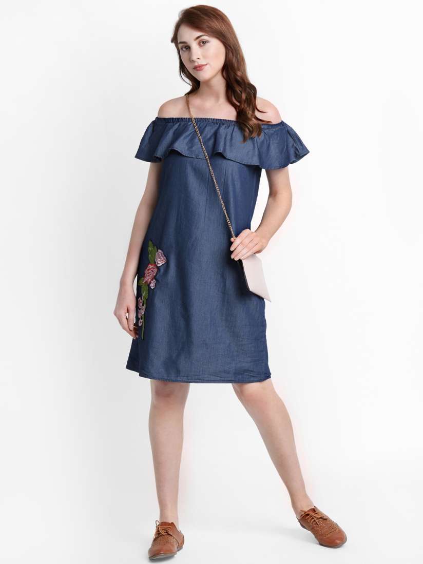 Buy Annabelle by Pantaloons Women Blue Off Shoulder Embroidered A Line Dress Dresses for Women 5361784 Myntra