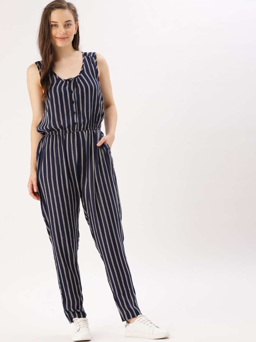 Buy DressBerry Navy Blue Off White Striped Basic Jumpsuit Jumpsuit for Women 5388901 Myntra