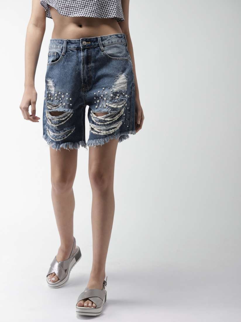 Buy FOREVER 21 Women Blue Solid Regular Fit Embellished Denim Shorts Shorts for Women 5424600 Myntra