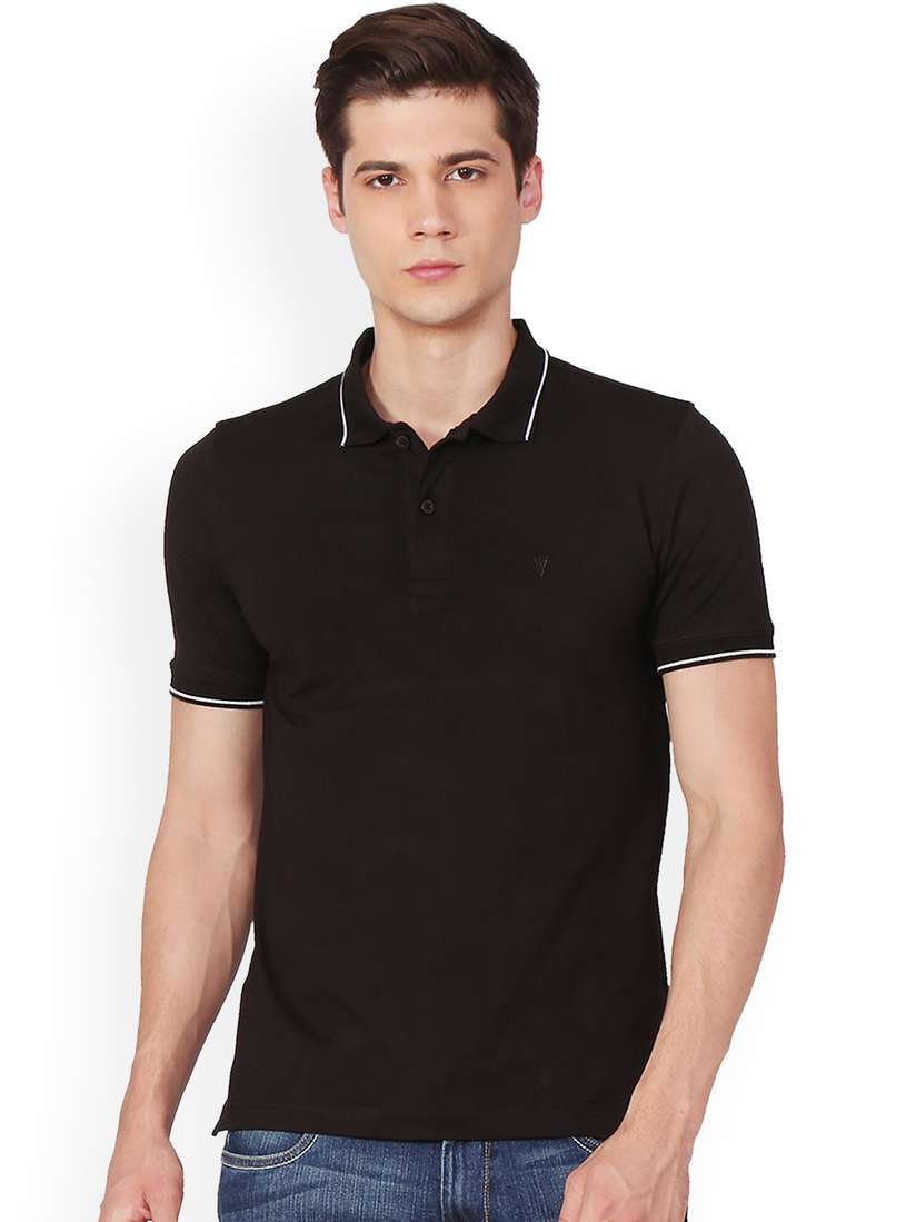 Buy Van Heusen Men Black Solid Polo Collar T-shirt Tshirts for