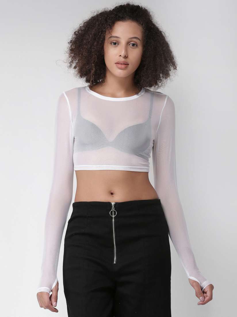 Buy FOREVER 21 Women White Solid Sheer Crop Top Tops for Women