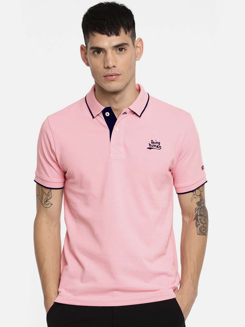 Buy Being Human Men Pink Solid Slim Fit Polo Collar Pure Cotton T