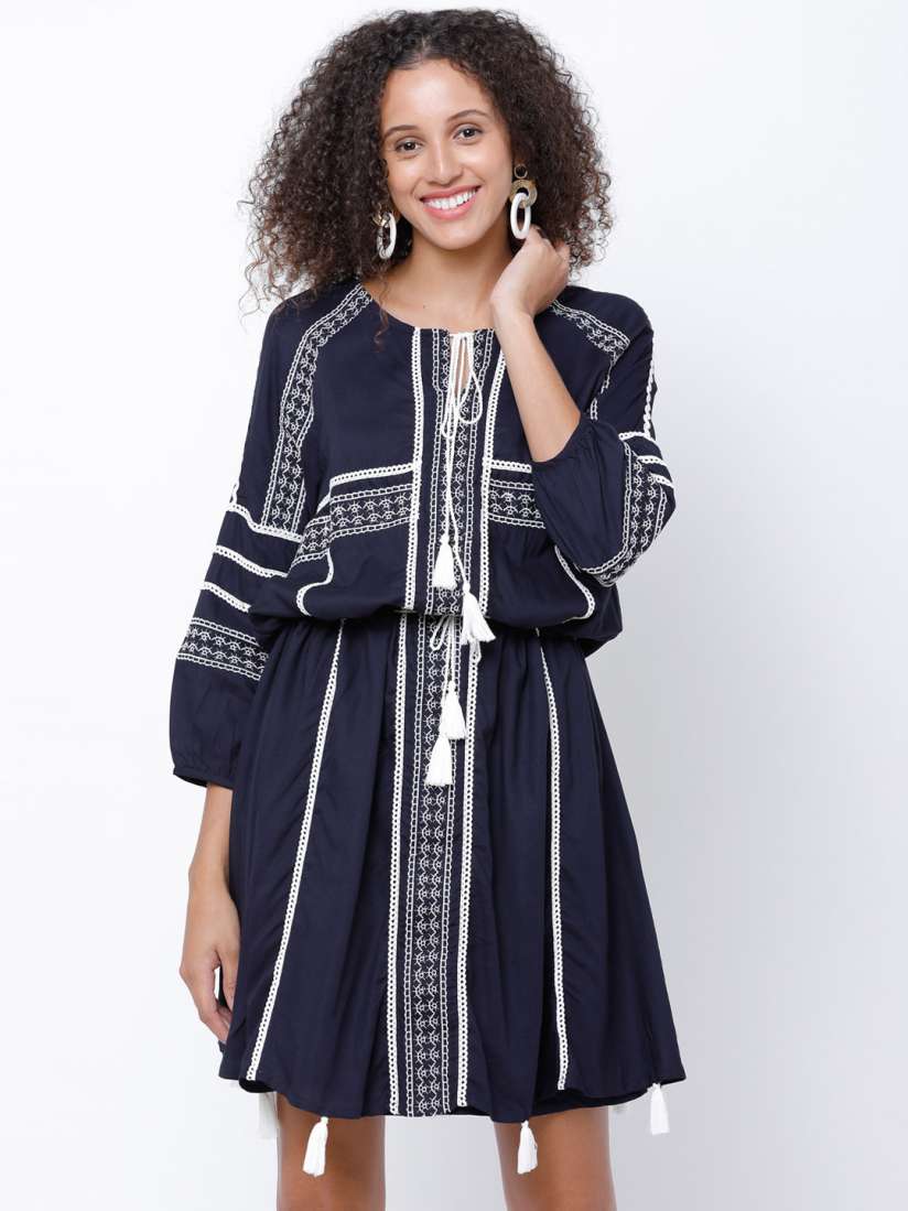 Buy Tokyo Talkies Women Navy Blue Solid Blouson Dress Dresses for Women 5570465 Myntra