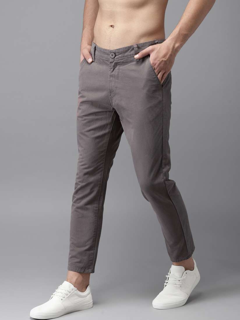 Buy HERE&NOW Men Grey Slim Fit Solid Cropped Chinos Trousers for