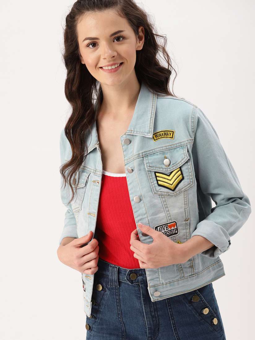 Buy DressBerry Women Blue Washed Patchwork Denim Jacket Jackets for Women 5591739 Myntra