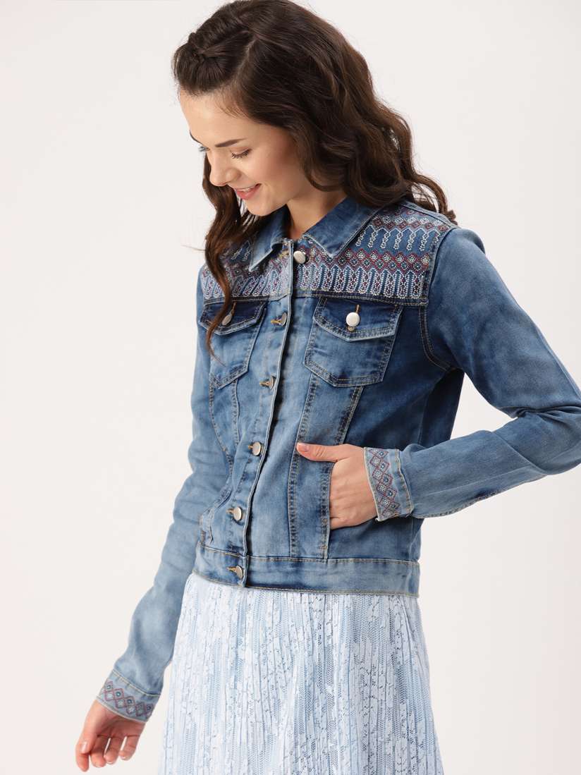 Buy DressBerry Women Blue Washed Embroidered Denim Jacket Jackets for Women 5591746 Myntra