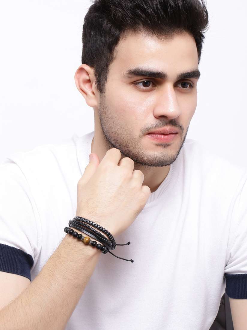 Buy Dare By Voylla Men Set Of 3 Black Handcrafted Leather Bracelets Bracelet for Men 5594237 Myntra