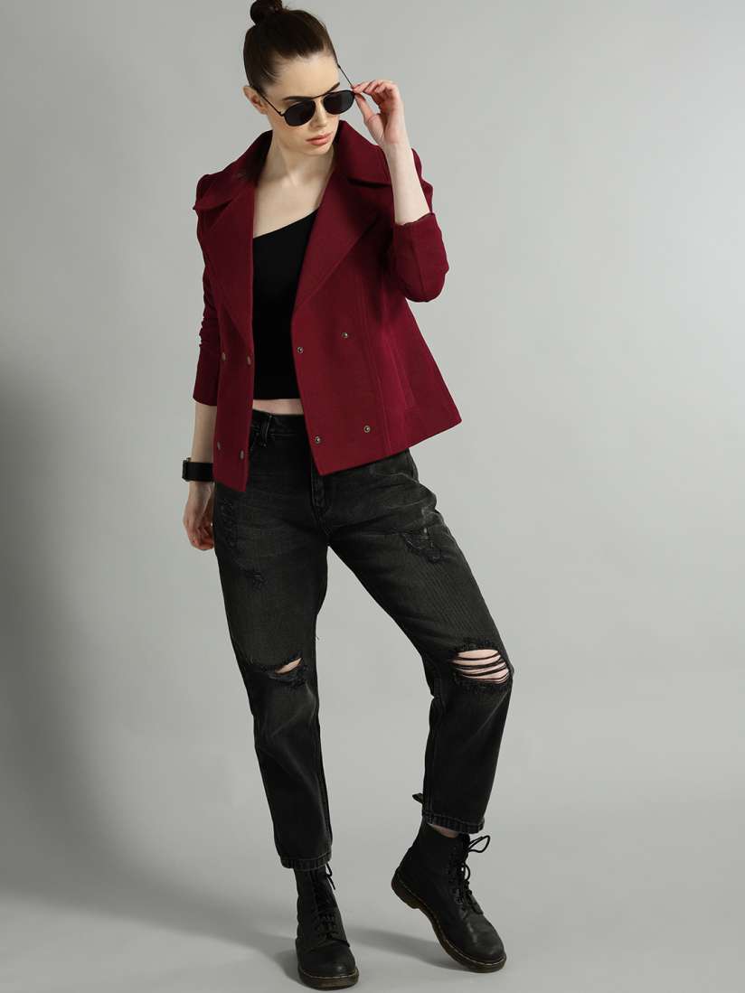Buy SASSAFRAS Women Maroon Corduroy Solid Double Breasted Casual Blazer Blazers for Women 5615004 Myntra